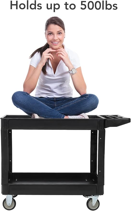 Service Cart 2-Shelf, Storage Handle, 500 LBS Capacity, for Warehouse/Garage/Cleaning/Manufacturing，45 in X25 in