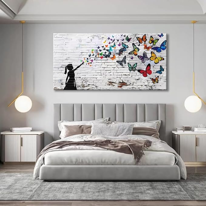 Canvas Wall Art Butterfly Girl - Modern Graffiti Paintings for Living Room, Bedroom Wall Decor, Framed Wall Art for Home or Office Decoration 20"x40"(50CMx100CM)