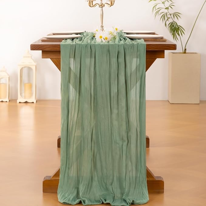 Socomi 3pcs Sage Green Cheesecloth Table Runner Valentine's Day Boho Rustic Gauze 120 inch 10FT Cheese Cloth Runner for Wedding Party Baby Shower Home Decor Holiday Decorations