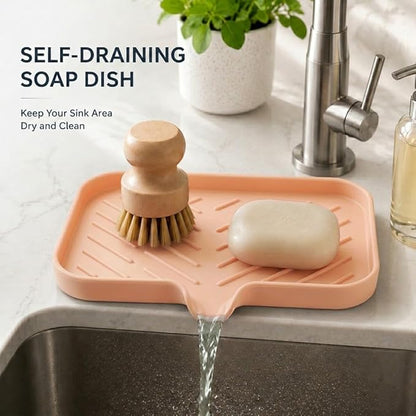 MicoYang Silicone Soap Dish with Drain Spout — Self-Draining Sink Organizer Tray for Bathroom & Kitchen, Sponges, Dispensers & Soap Holder, Non-Slip & Dishwasher Safe, Pink (Medium, 9.6"×5.3")