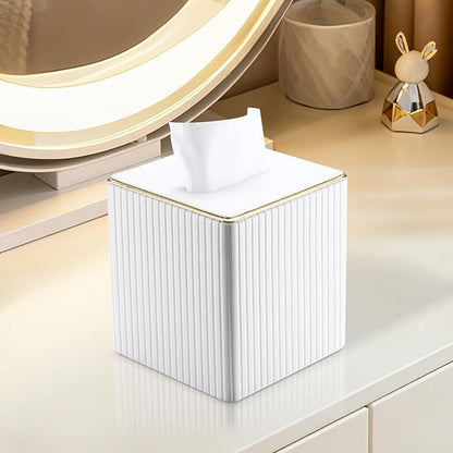 KINGFOM Tissue Box Cover, PU Leather Square Tissue Box Holder for Kleenexs with Magnetic Bottom Cover for Facial Tissues/Napkins, Office & Living Room Decor Box White