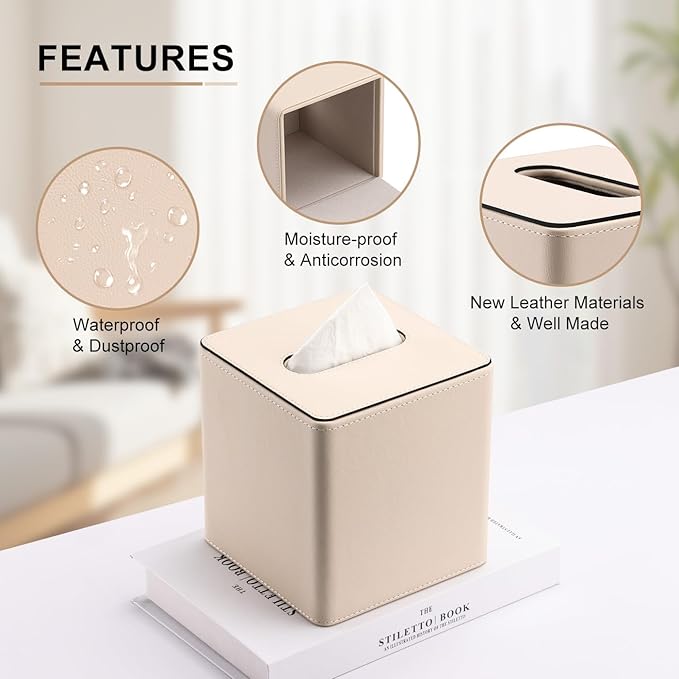 KINGFOM Leather Tissue Box Cover – Square Modern PU Leather Tissue Holder, Cube Tissue Dispenser for Home, Office, Bedroom, Bathroom – Elegant Minimalist Style (Beige-Square)