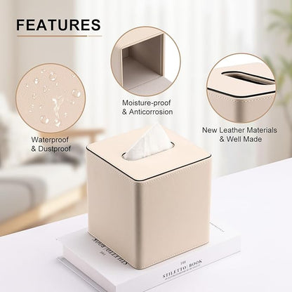 KINGFOM Leather Tissue Box Cover – Square Modern PU Leather Tissue Holder, Cube Tissue Dispenser for Home, Office, Bedroom, Bathroom – Elegant Minimalist Style (Beige-Square)