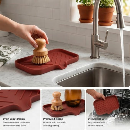 MicoYang Silicone Soap Dish with Drain Spout — Self-Draining Sink Organizer Tray for Bathroom & Kitchen, Sponges, Dispensers & Soap Holder, Non-Slip & Dishwasher Safe, Red (Medium, 9.6"×5.3")