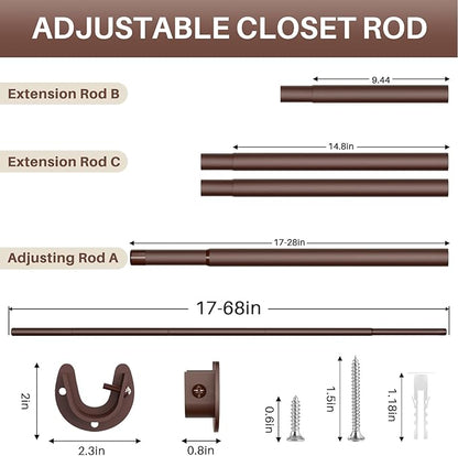 Closet Rod - Closet Rods for Hanging Clothes, 17 to 68 inch Adjustable Closet Hanging Rod, Heavy Duty Clothes Rod Clothing Bar, Closet Poles for Hanging Clothes for Wardrobes, Shower Curtain