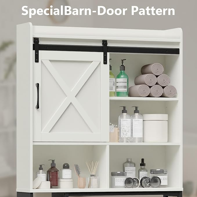 Vabches Over The Toilet Storage Cabinet, Farmhouse Storage Cabinet Over Toilet with Sliding Door & Toilet Paper Holder Stand, Home Space-Saving Toilet Rack for Bathroom, Restroom