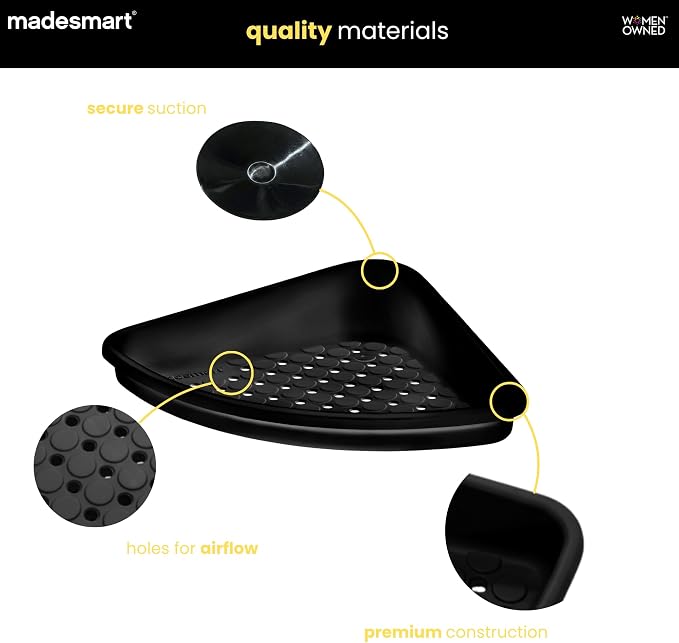 madesmart Bathtub Corner Shelf, Suction Cup Bath Organizer for Shampoo, Soap, Razors & Shower Accessories, Non Slip Bathroom Storage Tray with Drainage Holes, Carbon