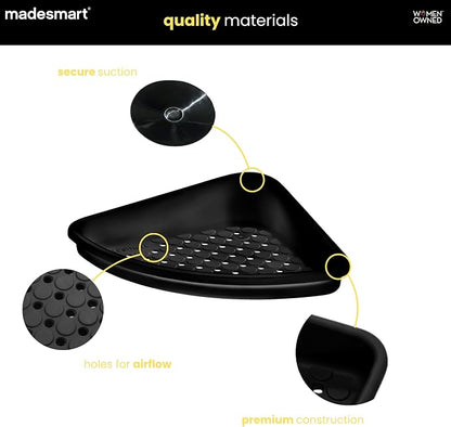 madesmart Bathtub Corner Shelf, Suction Cup Bath Organizer for Shampoo, Soap, Razors & Shower Accessories, Non Slip Bathroom Storage Tray with Drainage Holes, Carbon
