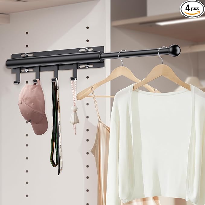 Supforce Valet Rod for Closets, 12" Valet Rod With 4 Hooks, Closet Organizer Slide Out Clothing Hanger Rods Extender Perfect for Suits,Dresses,Belt,Tie, Black