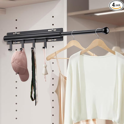 Supforce Valet Rod for Closets, 12" Valet Rod With 4 Hooks, Closet Organizer Slide Out Clothing Hanger Rods Extender Perfect for Suits,Dresses,Belt,Tie, Black