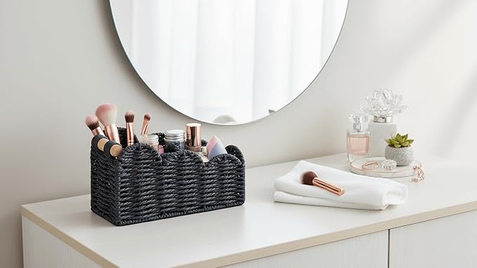 CubesLand Bedside Table Desk Organizer Caddy, Remote Pen&Pencil Holder Cup, Makeup Brush Holder w/Scalloped Perfect for Home, Office Desk, Living Room Table Decor, 3 Slots Black