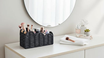 CubesLand Bedside Table Desk Organizer Caddy, Remote Pen&Pencil Holder Cup, Makeup Brush Holder w/Scalloped Perfect for Home, Office Desk, Living Room Table Decor, 3 Slots Black