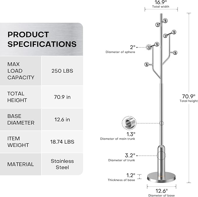 Coat Rack Freestanding with Stainless Steel Marble Base, 8 Ball-shaped Hooks, Heavy-Duty Standing Coat Rack, Coat Hanger Stand for Bedroom Entryway Hallway, Hat, Bags, Long Dresses, Silver