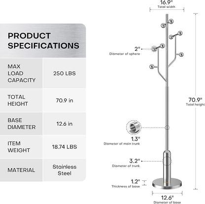 Coat Rack Freestanding with Stainless Steel Marble Base, 8 Ball-shaped Hooks, Heavy-Duty Standing Coat Rack, Coat Hanger Stand for Bedroom Entryway Hallway, Hat, Bags, Long Dresses, Silver