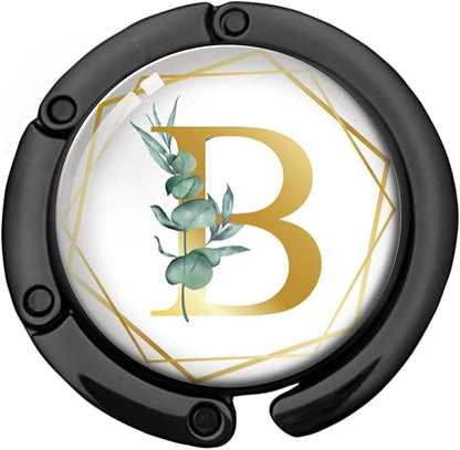Gold Initial Foldable Purse Hook Gifts, Eucalyptus Letter Handbag Hanger, Women's Bag Hanger Holder, Round Purse Table Hook, Funny Desk Decor Gifts for Women Coworker Friend (Eucalyptus B)