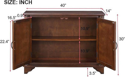 HMFULE 40" Sideboard Cabinet 2-Doors Solid Wood, Retro Buffet Cabinet with Storage Adjustable Shelf, Console Table Accent for Hallway, Living Room, Dining Room, Kitchen, Entry Way (Brown)