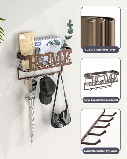 Key Holder Wall Mount - Adhesive Key Holder with 5 Hooks, Key Rack and Mail Organizer, Metal Basket Key Hanger for Entryway, Home, Living Room Decor, 11" L×2.8" W×4.9''H(Bronze)