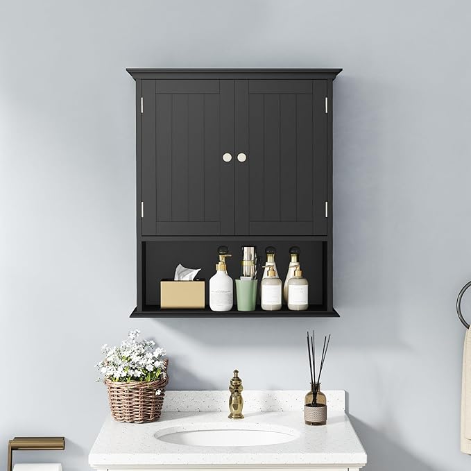 Tangkula Bathroom Wall Cabinet, Wooden Hanging Storage Cabinet with Doors & Shelves, Multipurpose Storage Cabinet for Restroom Kitchen Living Room, Wall Mounted Bathroom Medicine Cabinet (Black)