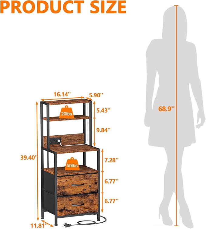 Furnulem Night Stand, Tall Nightstand with 4-Tier Shelves, 2 Fabric Drawers and LED Lights, Bed Side Tables with Charging Station, Bedside Table for Bedroom, Office, Rustic Brown