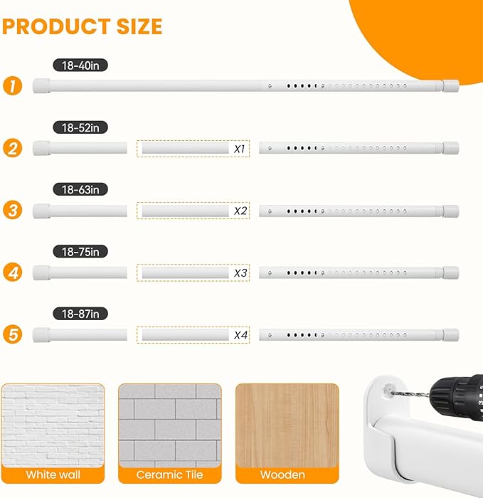 Oval Closet Rod for Hanging Clothes 18 to 40 Inch Adjustable Closet Rods 1 inch Diameter With End Supports White Poles Bar Closet Rod Expandable for Wardrobes