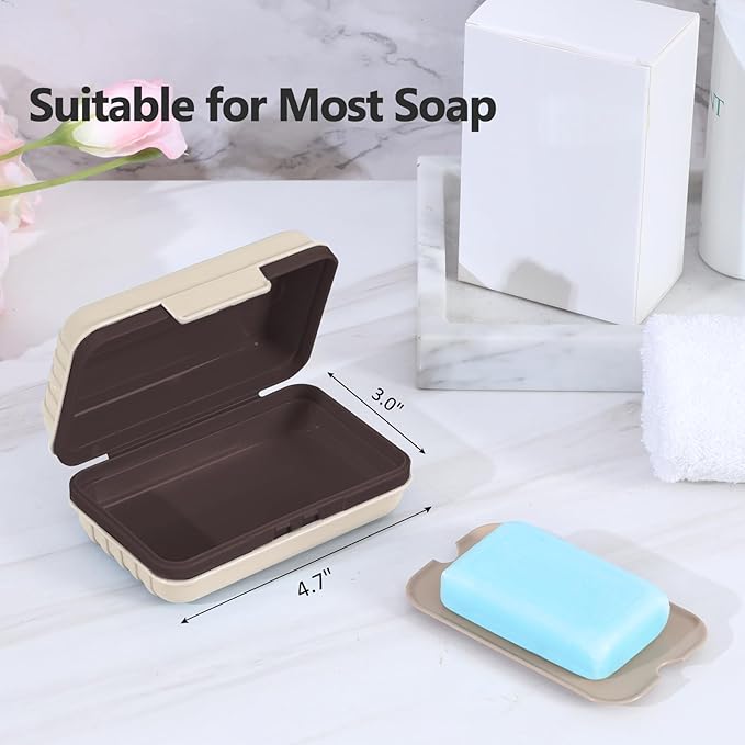 Quatish Leakproof Bar Soap Holder Dish with Lid for Shower, Portable 1 Pack Travel Soap Case Box for Gym, Camping, Hiking, Outdoor Use, Travel Size Toiletries Essentials, Keeps Soap Dry, Brown