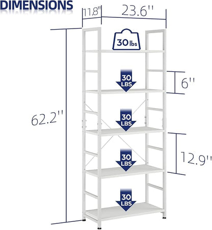 NUMENN 5 Tier Bookshelf, Tall Bookcase Shelf Storage Organizer, Modern Book Shelf for Bedroom, Living Room and Home Office, White