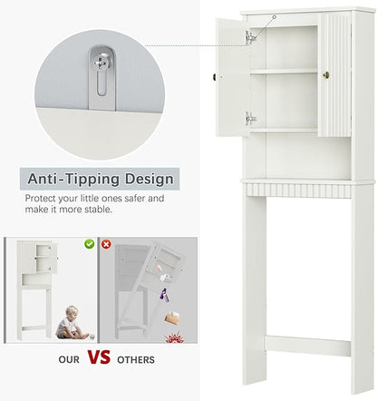 Over The Toilet Storage Cabinet, Over Toilet Storage with Fluted Door, Over The Toilet Storage Bathroom Organizer Bathroom Shelf Over Toilet, Behind Toilet Storage Cabinet Organizer,Cream White