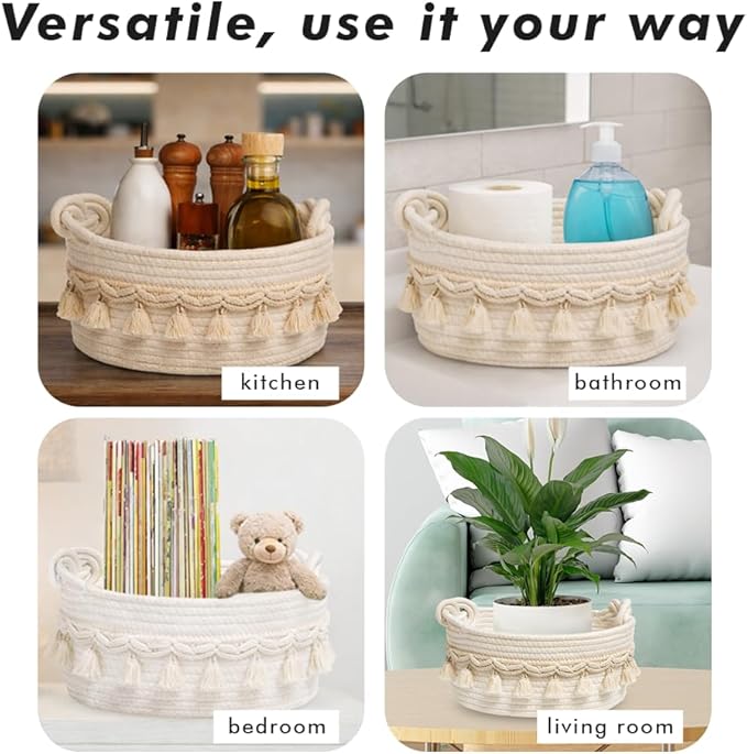 CSC - Toilet Paper Basket, Bathroom organizer, woven rope basket, Tank Top Small Baskets, tank topper, White