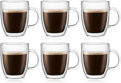 Bodum 10oz Bistro Double Wall Insulated Mug, High-Heat Borosilicate Glass, Set of 6, Clear