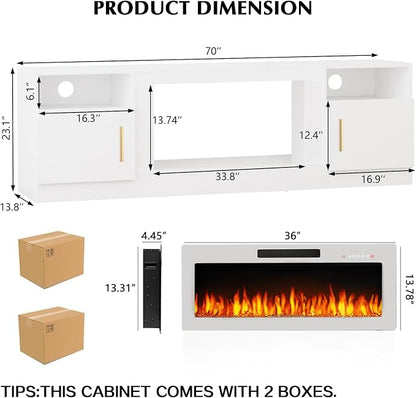 LEMBERI 70" TV Stand with 36" White Electric Fireplace, 750W/1500W Entertainment Center for TVs up to 80", 20-Color LED, 300lbs Max Capacity High Gloss Cabinet Console, All-White Style