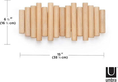 Umbra Picket Wall-Mounted Coat Rack Rail Hook with 5 Retractable Wood Pegs – Modern, Space-Saving Storage Organizer, Natural (Pack of 3)