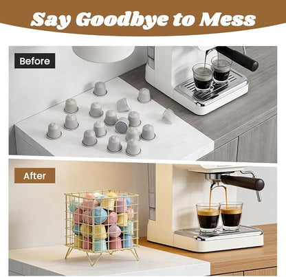 Countertop Organizer Coffee Pod Holder with Ice Tea Spoon, Modern Metal Storage Basket Tabletop Decorative Kitchen Office Bar Accessories for Hold K-cups Coffee Capsules Tea Bags(COLOR:Gold)
