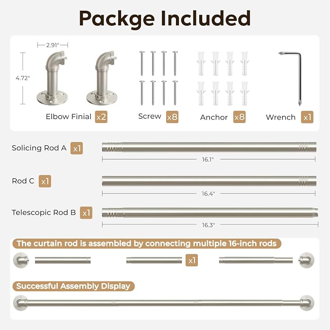 Zeerobee Curtain Rods for Windows 32 to 48, 1 Inch Industrial Wrap Around Brushed Nickel Curtain Rod, Indoor/Outdoor Room Divider Adjustable Drapery Pole, 32"-48"