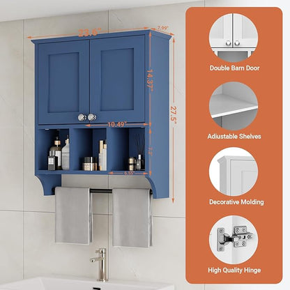 Over-The-Toilet Bathroom Storage Cabinet with Towel Bar, Space-Saving Wall Mounted Medicine Cabinet, 2 Doors & 1 Adjustable Shelf, Easy Install Blue Finish for Bathroom, Kitchen, Living Room