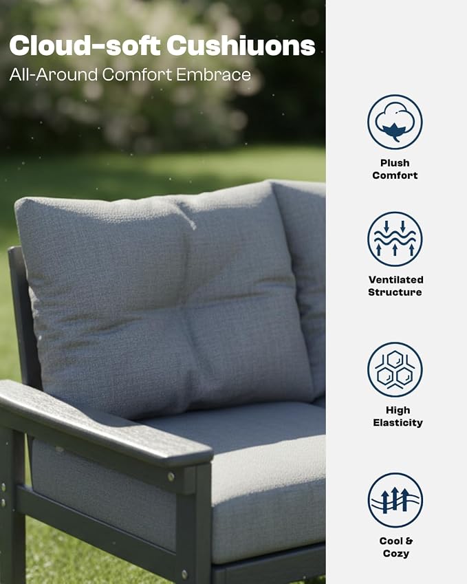 HDPE Outdoor Patio Furniture Set, 10-Piece Patio Conversation Set with 3-Seat Sofa, 4 Armchairs, 2 Side Tables & 1 Coffee Table, All-Weather Outdoor Sofa Set for Deck, Porch, Garden (Grey Frame)