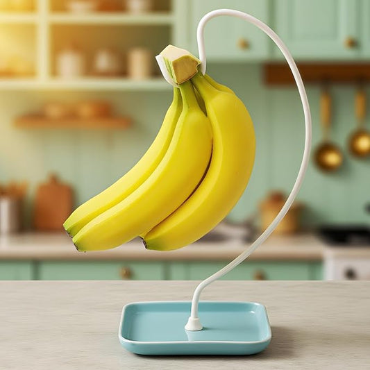 VROOMIUM Banana Holder Stand with Ceramic Bowl - Holds Up to 5 Pounds Bananas, Hassle-free Cleaning, Stylish and Chic Design Banana Rack, Blue