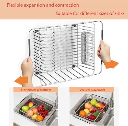 NiuYichee Stainless Steel Dish Drying Rack(15"L X 11"W X 4.1"H), Expandable Fruit & Vegetable Drain Rack over Sink, Dish Drainer Rack in Sink, with Stainless Steel Utensil Holder & Silicone Mat(16")