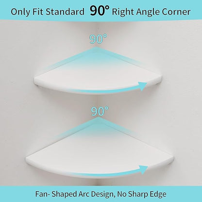 Conamily Corner Wall Shelves, White Floating Corner Shelf, Set of 2 16inch Solid Oak Wood Shelves, Round End Wall Mount Display Shelf with Wire Hole for Small Plant for Bedroom Kitchen, Living Room
