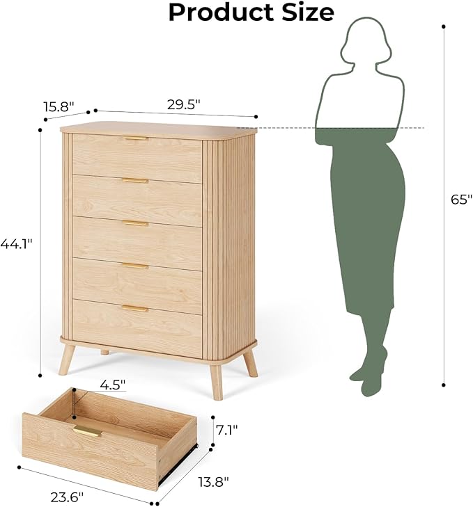 ADORNEVE Fluted Dresser for Bedroom,Tall Modern Chest of Drawers with 5 Drawers, Vertical Dressers,Wood Closet Clothes Storage Organizer for Living Room, Hallway, Natural Oak