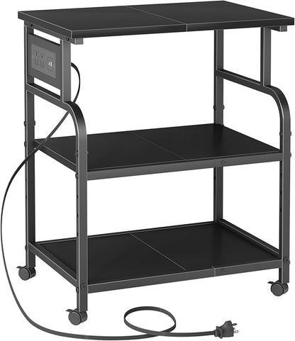 YAOHUOO 3 Tier Large Printer Stand with Power Outlet/Adjustable Shelf | 22"x15" Large Top,Fit 2-3 printers,Rolling Cart with Wheels,Table for Home Office,Fit 3D Printer/Heat Press/Laser,Black
