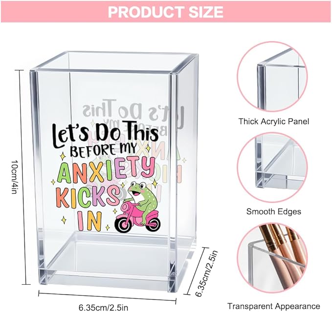 Let’s Do This Before My Anxiety Kicks in Acrylic Cosmetic Pencil Pen Holder Cup, Funny Frog Desk Organizer for Office Decor, Frog Lover Gifts Sarcastic Work Gifts for Women Men Coworker Employee