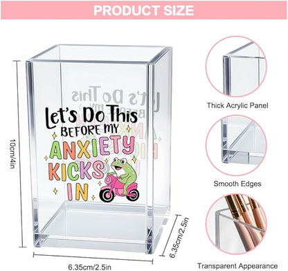 Let’s Do This Before My Anxiety Kicks in Acrylic Cosmetic Pencil Pen Holder Cup, Funny Frog Desk Organizer for Office Decor, Frog Lover Gifts Sarcastic Work Gifts for Women Men Coworker Employee