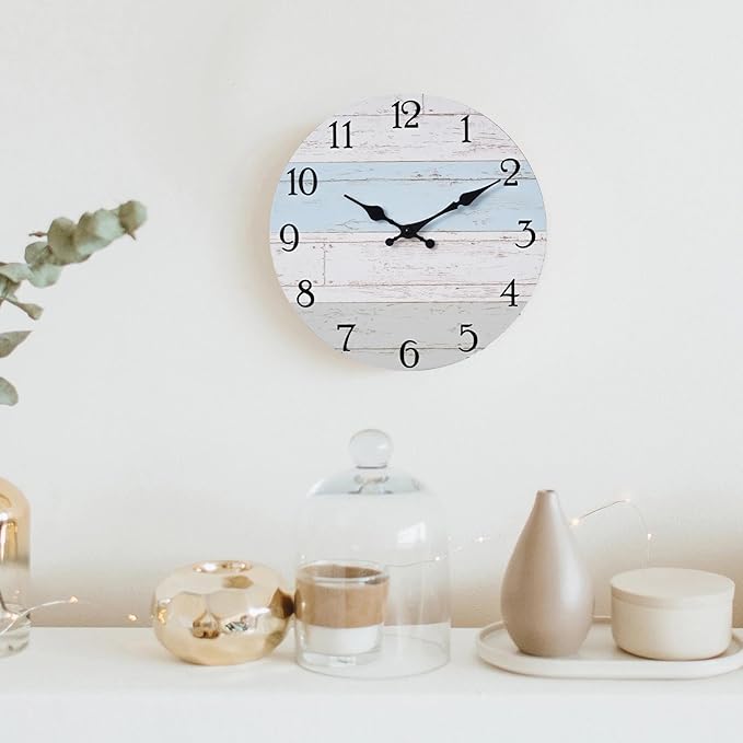 KECYET Wall Clock 14 Inch Silent Non-Ticking Coastal Beach Style Wall Clocks Battery Operated Rustic Retro Decorative for Kitchen, Bathroom, Living Room, Laundry Room(Azure Blue)