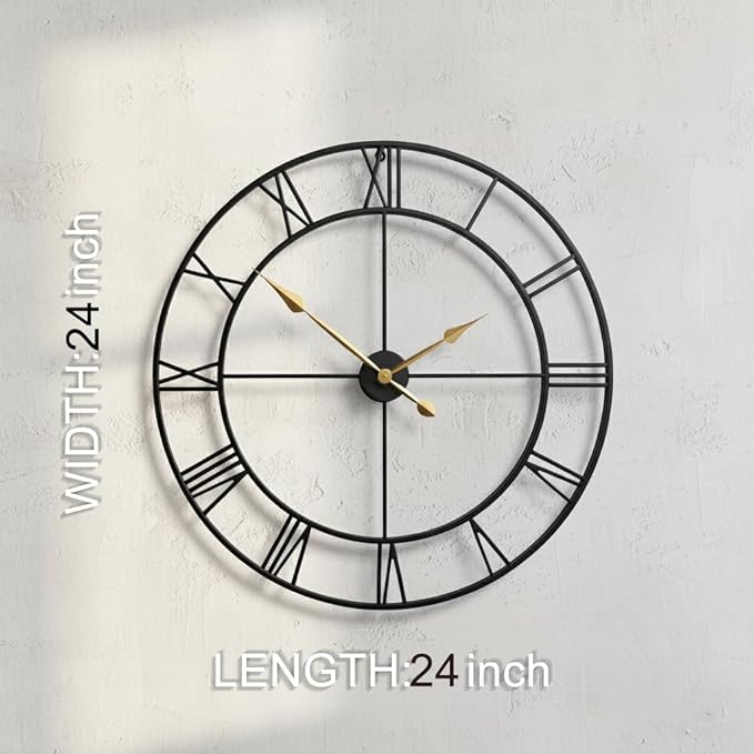Zabiki 24 Inch Large Wall Clock Modern, Roman Vintage Farmhouse Decorative Black Metal Wall Clock for Living Room Decor, Xmas, Birthday Gift