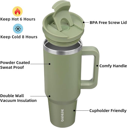 BJPKPK 40 oz Insulated Tumbler With Lid And Straw Stainless Steel Tumblers Cup With Handle For Women And Men,Sage