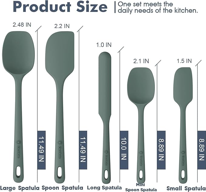 ChefAide 5 Pieces Silicone Spatula Set, Food Grade Rubber Spatula, Upgrade Strong Handle with Ergonomic Grip, Heat Resistant Up to 600°F for Nonstick Cookware, Cooking
