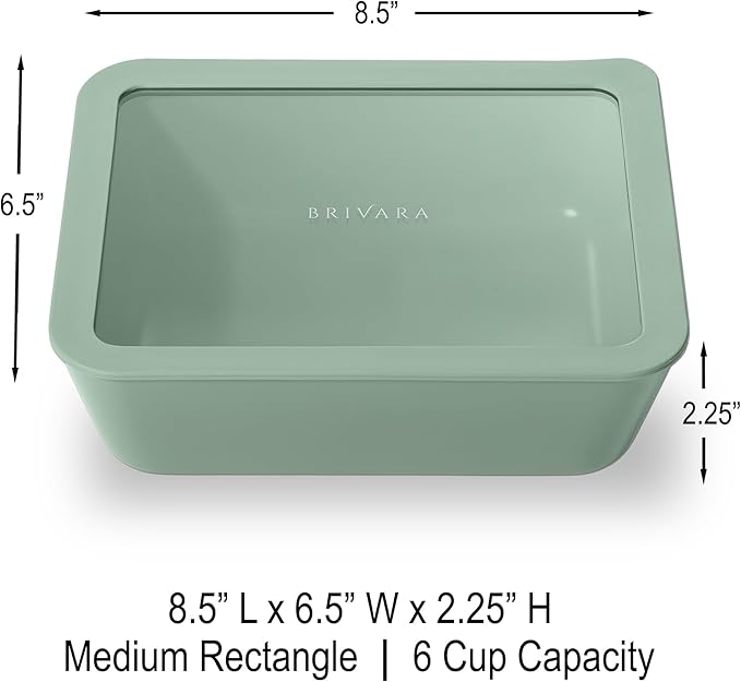 BRIVARA HOME Ceramic Coated Glass Food Storage Container | No PTFE, PFOA, PFAS, and BPA | Reusable Non Toxic Meal Prep Container with Glass Lid | Easy To Store | 6 Cup Rectangle [Willow]