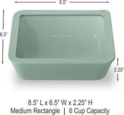 BRIVARA HOME Ceramic Coated Glass Food Storage Container | No PTFE, PFOA, PFAS, and BPA | Reusable Non Toxic Meal Prep Container with Glass Lid | Easy To Store | 6 Cup Rectangle [Willow]