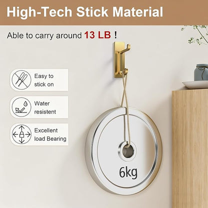 pickpiff Self Adhesive Hooks, Extra Sticky 10LB (Max), Heavy Duty Stainless, Stick On Wall and Door Hooks for Hanging, Bathroom Towel Hooks and Coat Hooks, Robe Hook Wall Mounted, Gold, 4 Pack