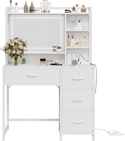 35.4" Vanity Desk with Square Mirror for Bedroom, Makeup Table with 4 Fabric Drawers & Storage Shelves, Modern Dressing Desk for Women Girls